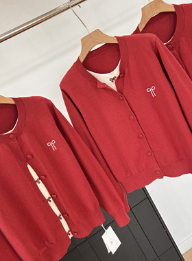 氛围感本命年红色毛衣开衫女春季新款假两件针织衫外套蝴蝶结上衣