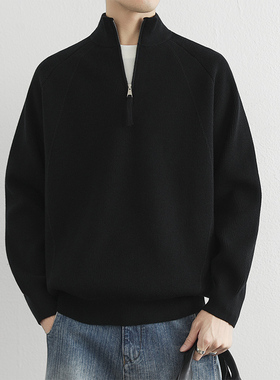 重磅一体绒红色毛衣男秋冬季半拉链立领毛线衣加厚内搭打底针织衫