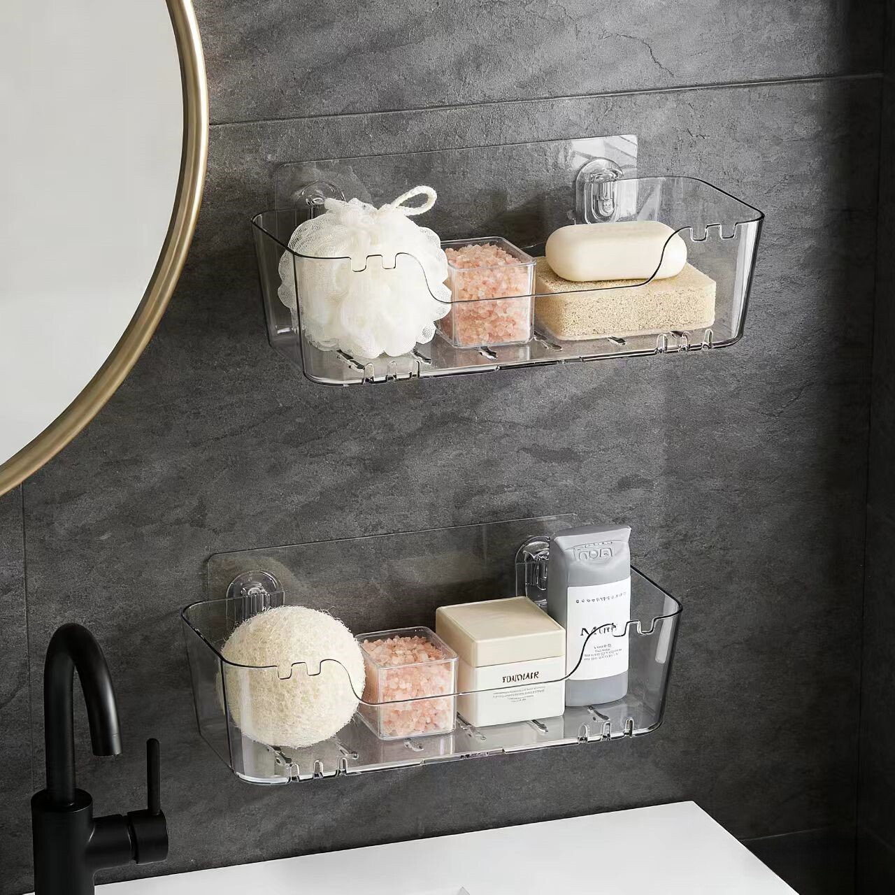 洗漱台壁挂免打孔架子浴室护肤品收纳架洗手间墙上小型置物架透明