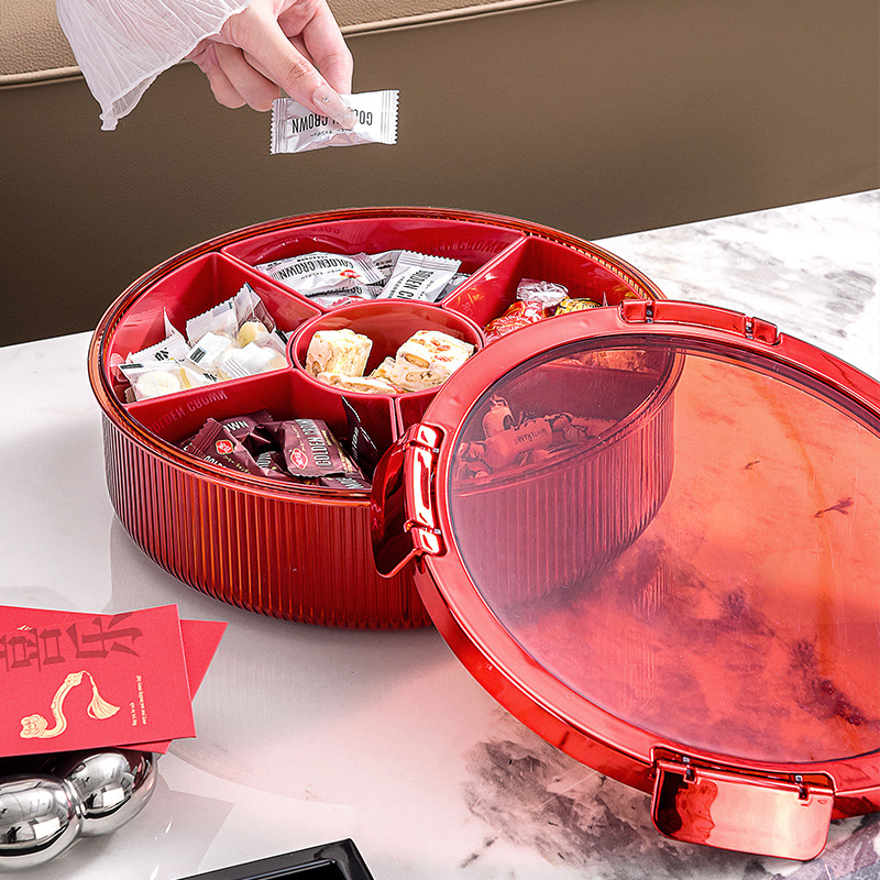 红色圆形分隔收纳盒带盖