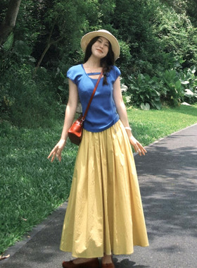 XZY 微胖可露丽风蓝色短袖针织上衣女25年夏季褶皱大摆半身裙套装