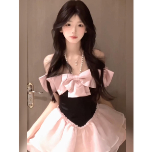 XZY 减龄收腰蓬蓬短裙 微胖甜美千金风撞色蝴蝶结连衣裙女26年夏季