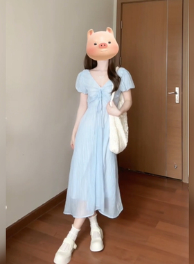 XZY/欣争艳 微胖法式泡泡袖蓝色v领连衣裙女夏温柔风收腰褶皱长裙