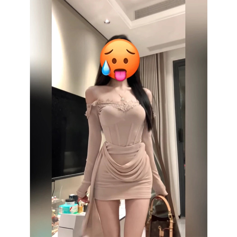 XZY 微胖纯欲性感蕾丝鱼骨抹胸连衣裙女25年冬季一字肩褶皱包臀裙