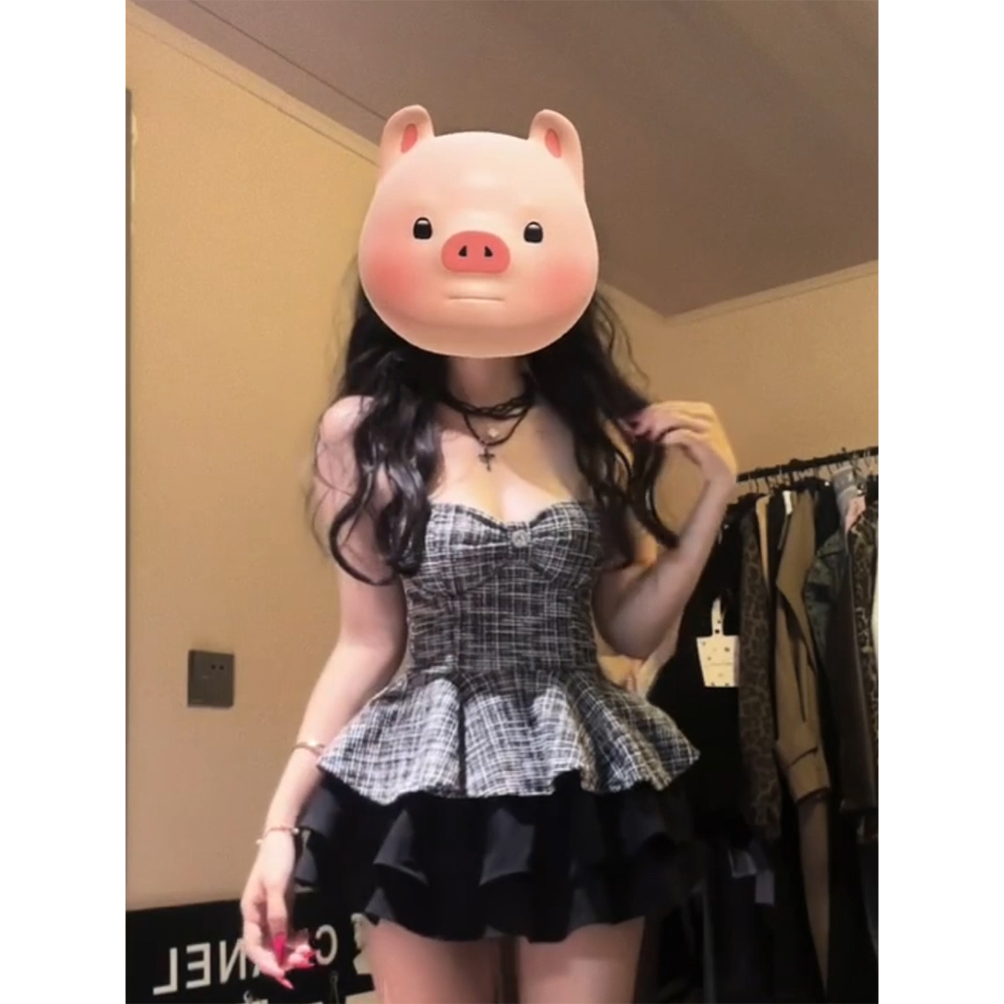 微胖甜辣小香风收腰格纹抹胸上衣