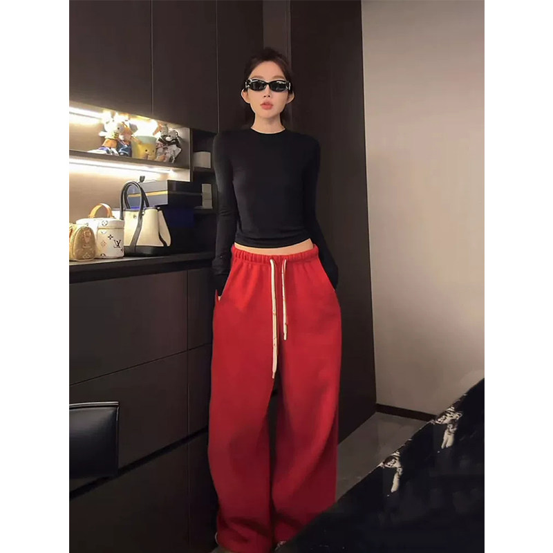 XZY 微胖韩系辣妹宽松抽绳红色休闲裤女26年春季高腰长裤,女装/女士精品,大码裤装,淘宝优惠券,粉丝福利购,淘宝优惠卷