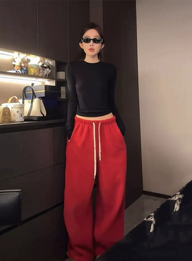 XZY 微胖韩系辣妹宽松抽绳红色休闲裤女26年春季高腰长裤