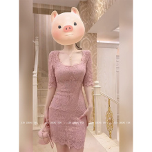 XZY/欣争艳 微胖名媛温柔风蕾丝方领连衣裙女25年夏修身包臀短裙