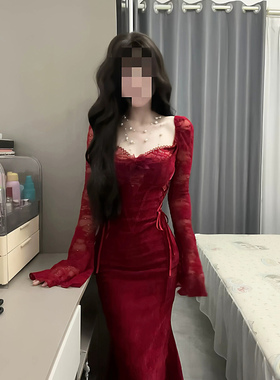 XZY 微胖纯欲性感红色蕾丝拼接连衣裙女26年春季辣妹修身包臀长裙