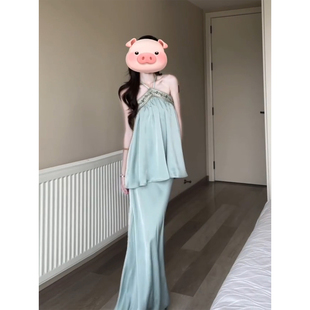XZY 微胖清冷感新中式 吊带挂脖上衣女25年夏季 气质鱼尾半身裙套装