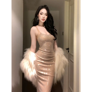 XZY 年会礼服裙 微胖纯欲性感露背烫钻轻奢吊带连衣裙女高级感修身