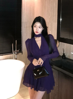 XZY/欣争艳 微胖mm纯欲气质紫色V领长袖连衣裙女夏季御姐性感短裙
