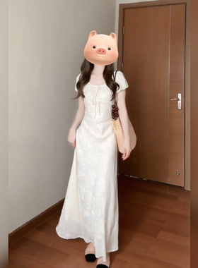 XZY/欣争艳 胖mm法式优雅气质白色提花连衣裙女夏季温柔茶歇长裙