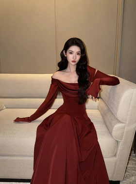 XZY 微胖优雅气质红色荡领一字肩连衣裙女高级感气质宴会礼服长裙