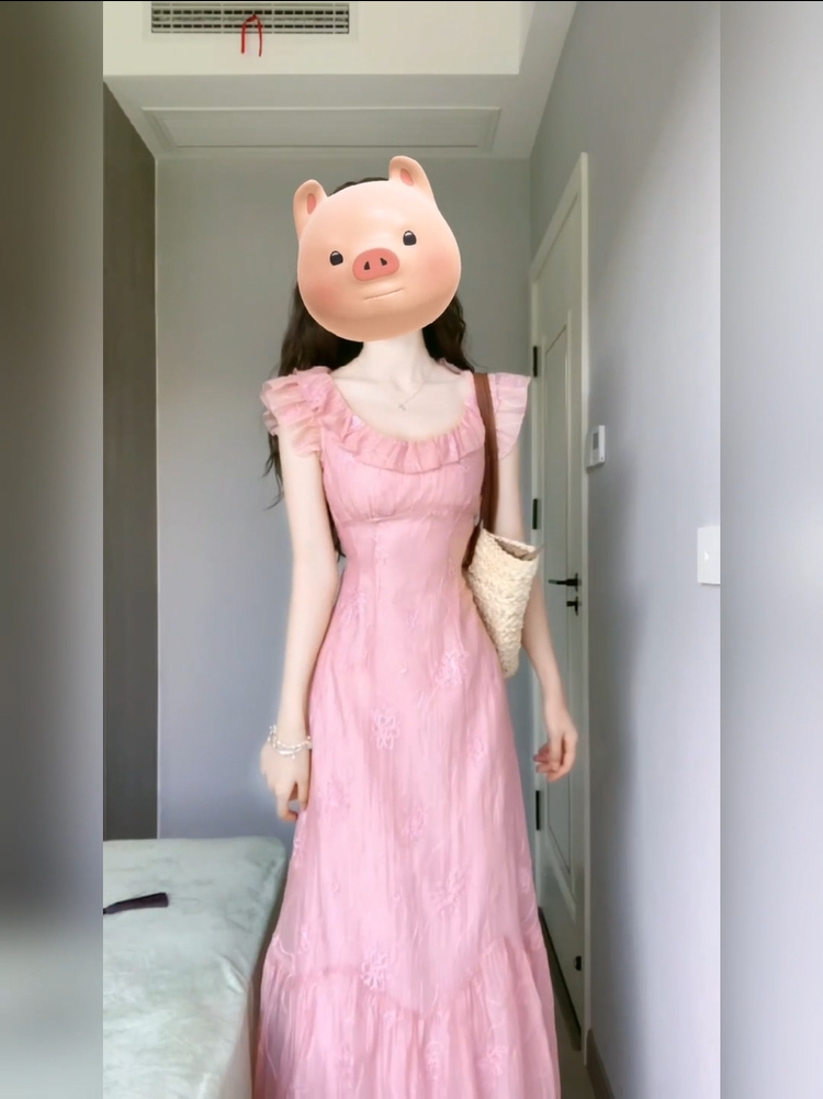 胖mm法式甜美粉色U领连衣裙