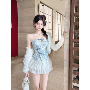 白色外套短裙套装 盘扣性感抹胸上衣女25年冬季 微胖甜美新中式 XZY