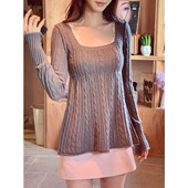 XZY 微胖古早温柔风灰色方领麻花毛衣女25年秋松弛感粉色半裙套装