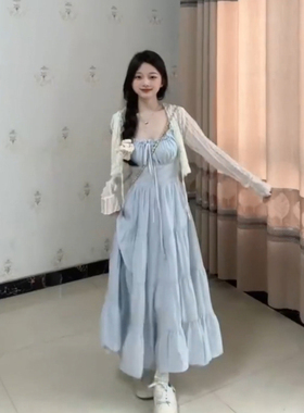 XZY/欣争艳 胖mm法式温柔气质蓝色吊带连衣裙女海边度假约会长裙