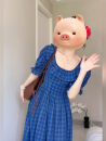 XZY 气质蓝色格子荷叶边连衣裙女夏显瘦公主长裙 欣争艳 胖mm法式