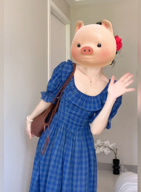 XZY/欣争艳 胖mm法式气质蓝色格子荷叶边连衣裙女夏显瘦公主长裙