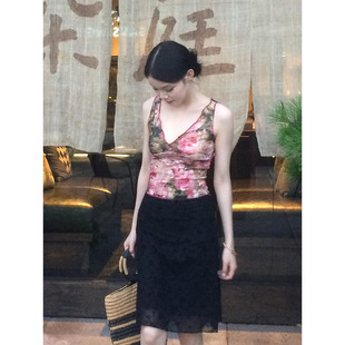 XZY 微胖古早轻熟风V领印花吊带背心女25年夏季 性感低腰半裙套装