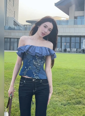 XZY 微胖复古气质蓝色荷叶边斜肩抹胸上衣女26年夏季显瘦收腰苏