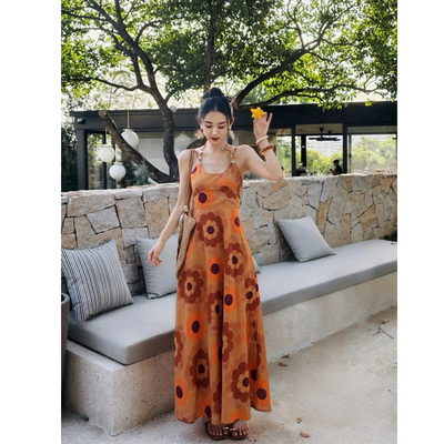 微胖法式度假风印花贝壳吊带裙