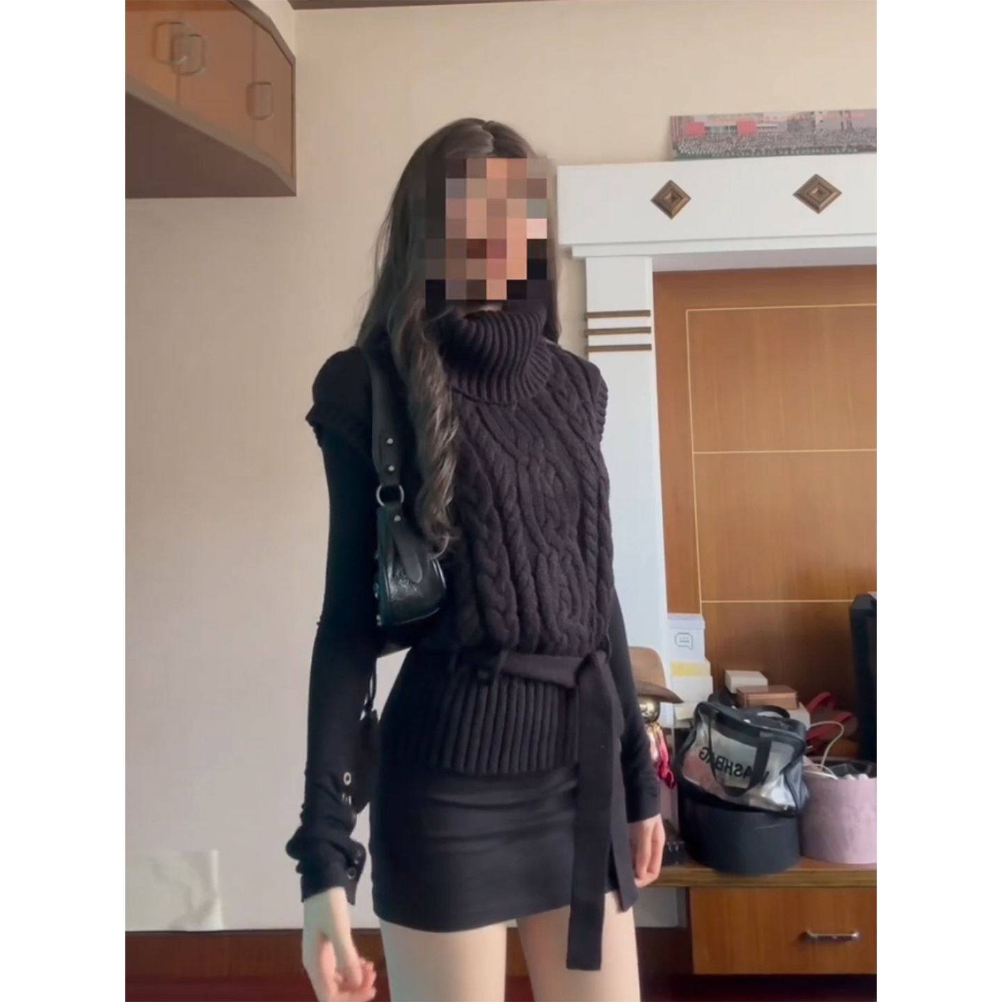 XZY 微胖辣妹气质高领麻花针织毛衣背心女25年冬打底衫包臀裙套装