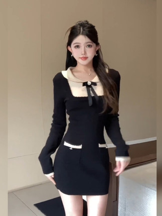 大码法式甜美小香风蝴蝶结针织长袖连衣裙女纯欲收腰娃娃领包臀裙