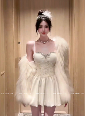 XZY/欣争艳 微胖mm纯欲名媛重工钉钻吊带连衣裙女收腰公主花苞裙