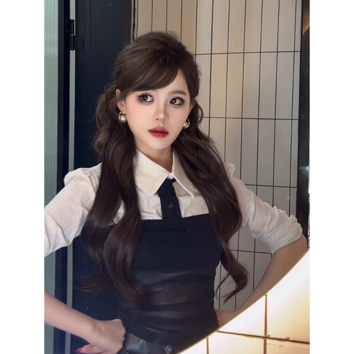 微胖韩系辣妹衬衫领拼接长袖上衣