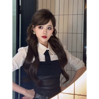 微胖韩系辣妹衬衫领拼接长袖上衣