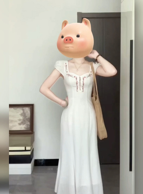 XZY/欣争艳 胖mm法式复古高级感白色刺绣连衣裙女夏季显瘦长裙子