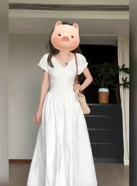 XZY/欣争艳 胖mm法式气质白色提花连衣裙女夏高端精致v领显瘦长裙