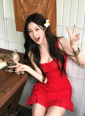 XZY 微胖法式气质红色吊带连衣裙女25年夏季设计感收腰显瘦A字裙