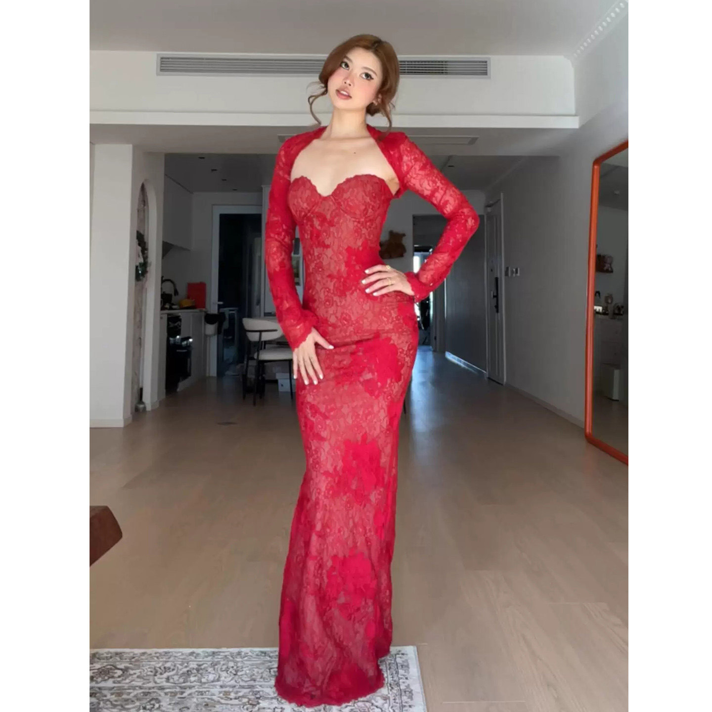 XZY 微胖法式性感红色蕾丝抹胸连衣裙女26年春季修身开叉包臀长裙