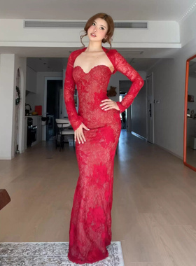 XZY 微胖法式性感红色蕾丝抹胸连衣裙女26年春季修身开叉包臀长裙