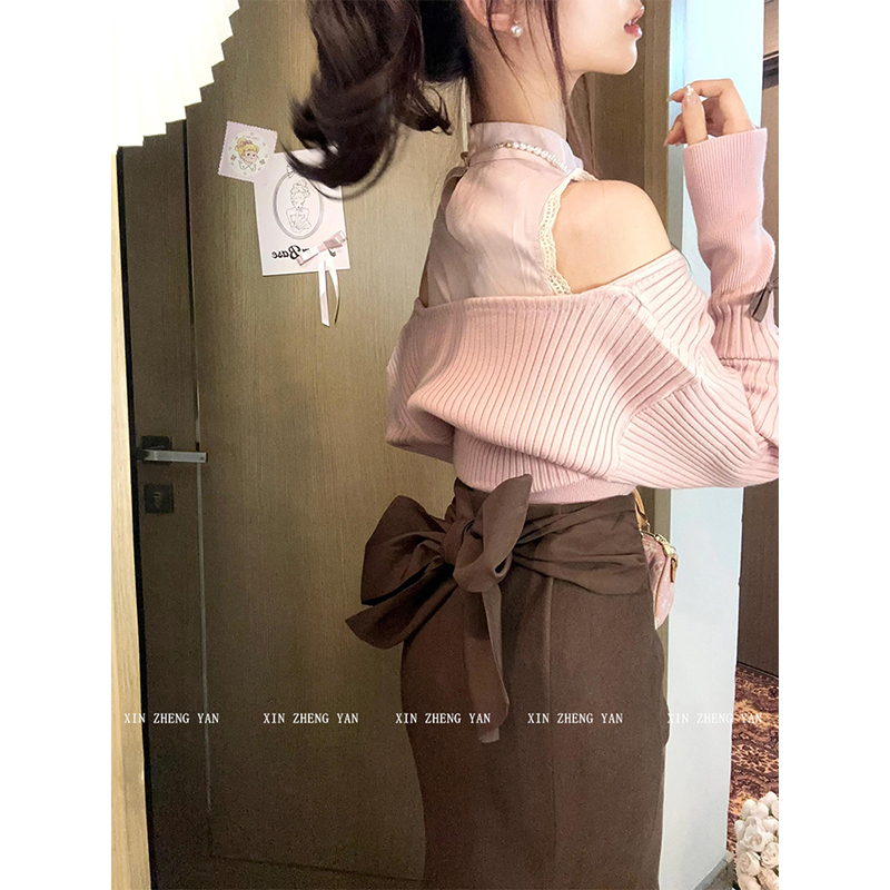 甜美假两件针织上衣女