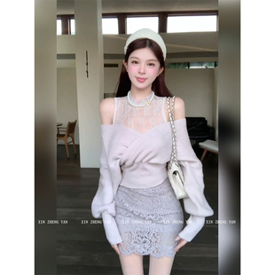微胖mm纯欲风露肩蕾丝针织上衣女初秋蕾丝包臀裙套装 XZY 欣争艳