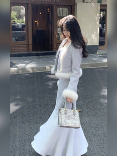 胖mm显瘦小香风套装 高级感气质名媛长裙重工外套女秋冬吊带鱼尾裙