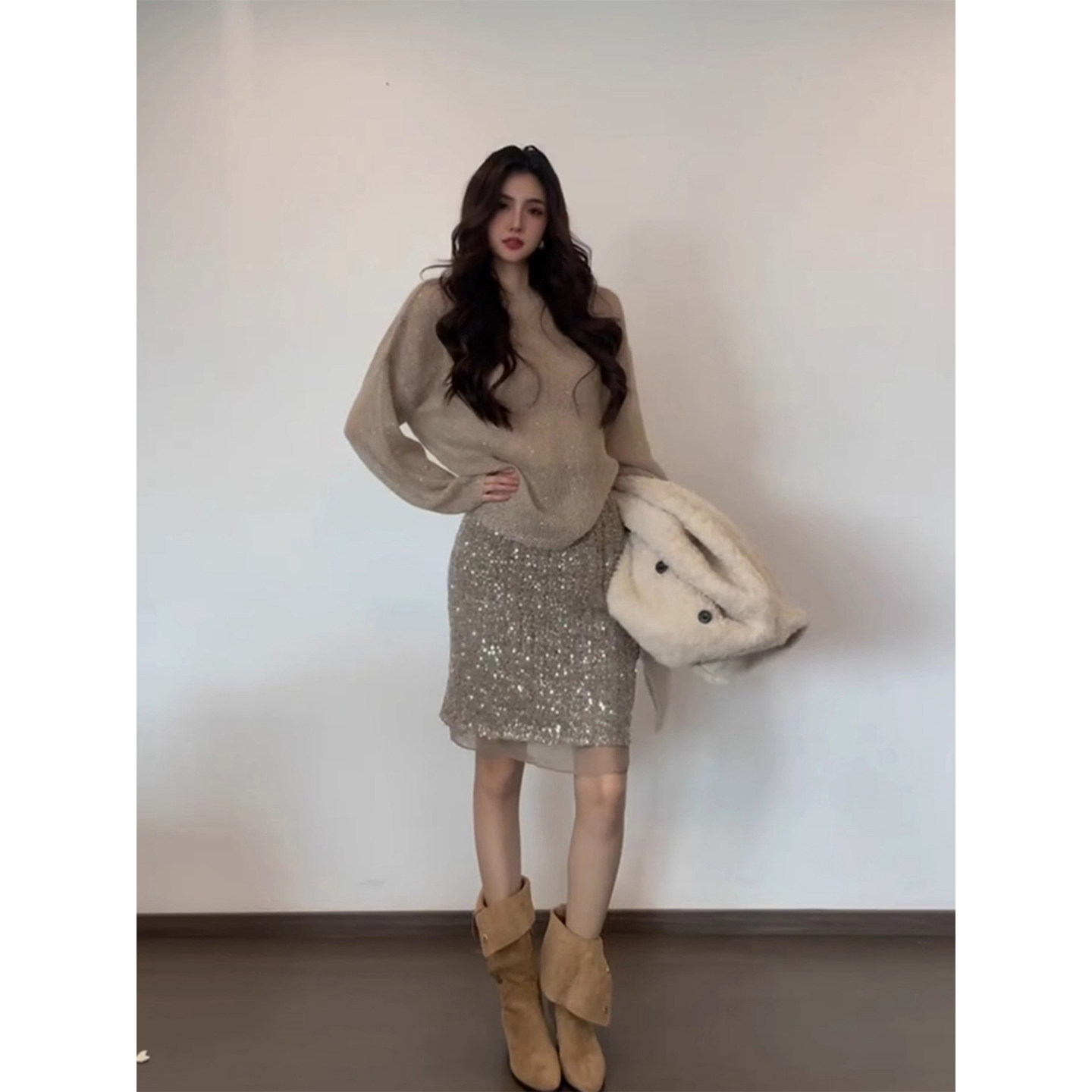 XZY 微胖韩系气质微透设计感针织上衣女25年冬季时尚亮片半裙套装,女装/女士精品,大码套装,淘宝优惠券,粉丝福利购,淘宝优惠卷