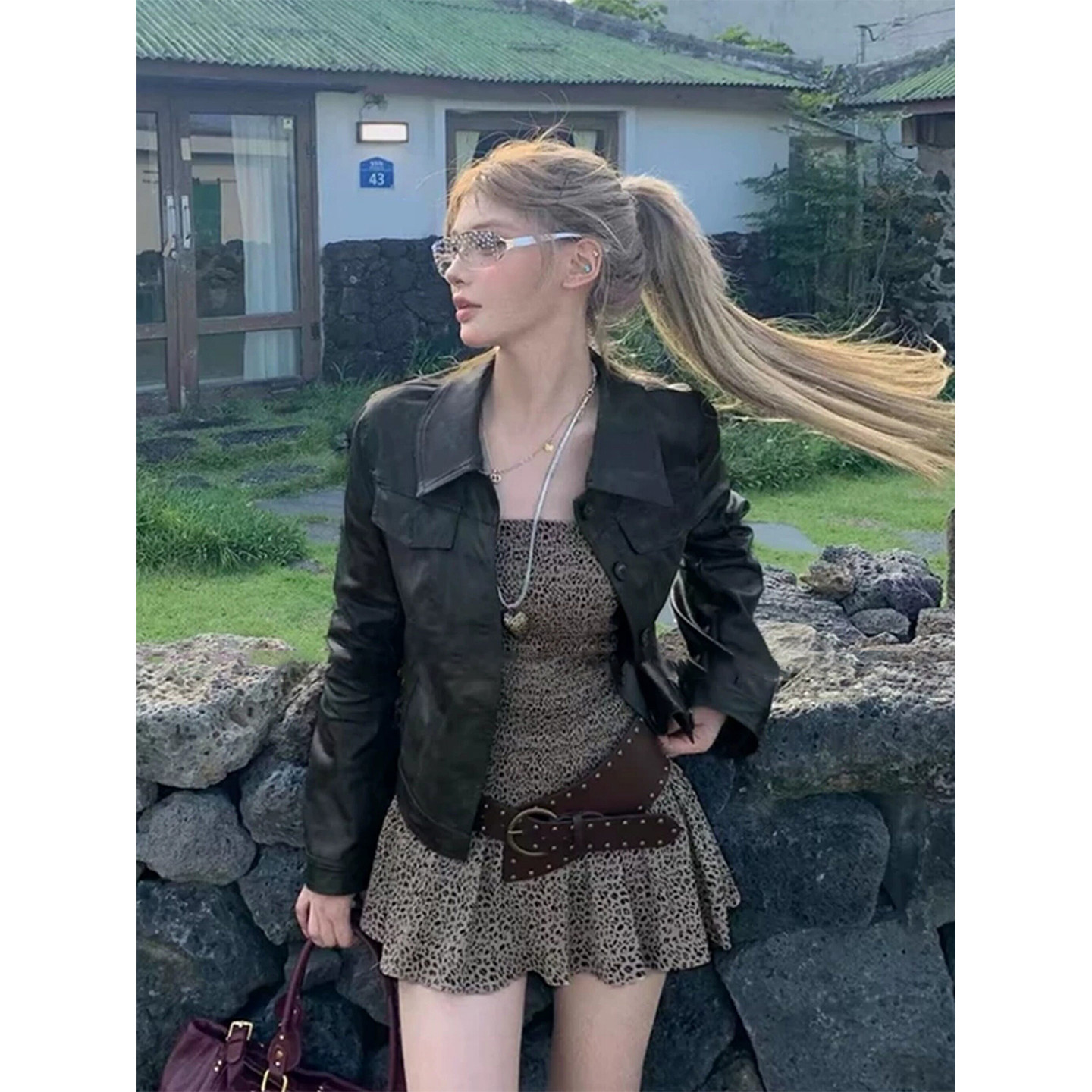 XZY 微胖美式复古翻领皮衣夹克女26年早秋性感辣妹豹纹抹胸裙套装