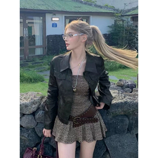 XZY 微胖美式复古翻领皮衣夹克女26年早秋性感辣妹豹纹抹胸裙套装