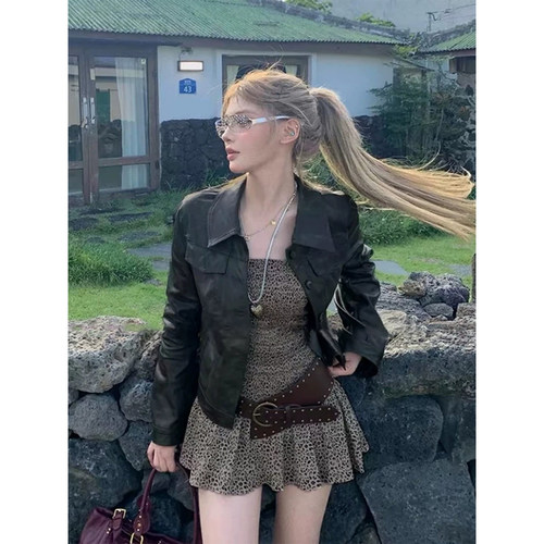 美式复古翻领皮衣夹克女2