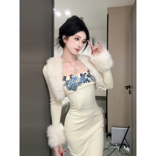 开叉旗袍包臀裙女25年冬季 一字肩修身 毛毛披肩外套 微胖新中式 XZY