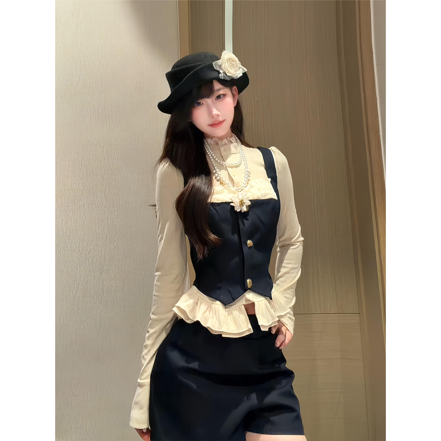 微胖英伦风千金针织衬衫马甲上衣