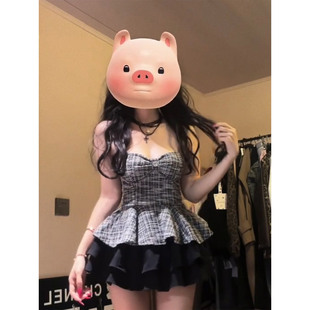 XZY 微胖法式 小香风收腰抹胸上衣女25年夏季 高腰蓬蓬蛋糕半裙套装