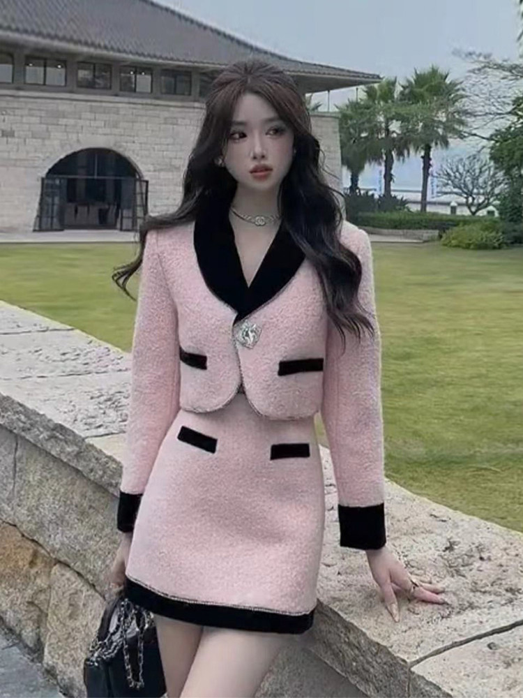 大码富家千金miu系小香风套装高级感名媛甜美毛呢外套半身裙秋冬