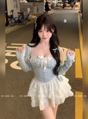 XZY/欣争艳 微胖mm韩系甜美蝴蝶结吊带上衣开衫女蓬蓬半身裙套装
