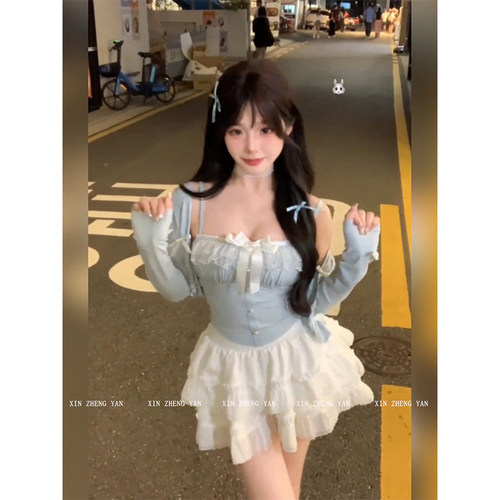 微胖mm韩系甜美蝴蝶结吊带上衣